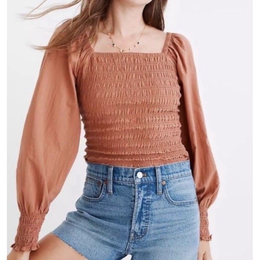 Cottagecore Boho Smocked Bubble Sleeve Top Madewell Lucie Warm Umber M